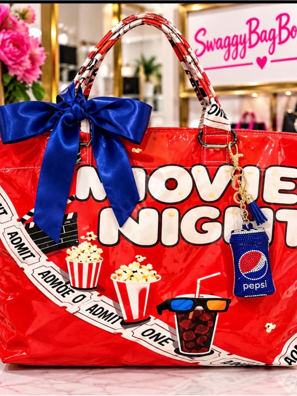 Red "Movie Night" Tote Bag with Blue Bow